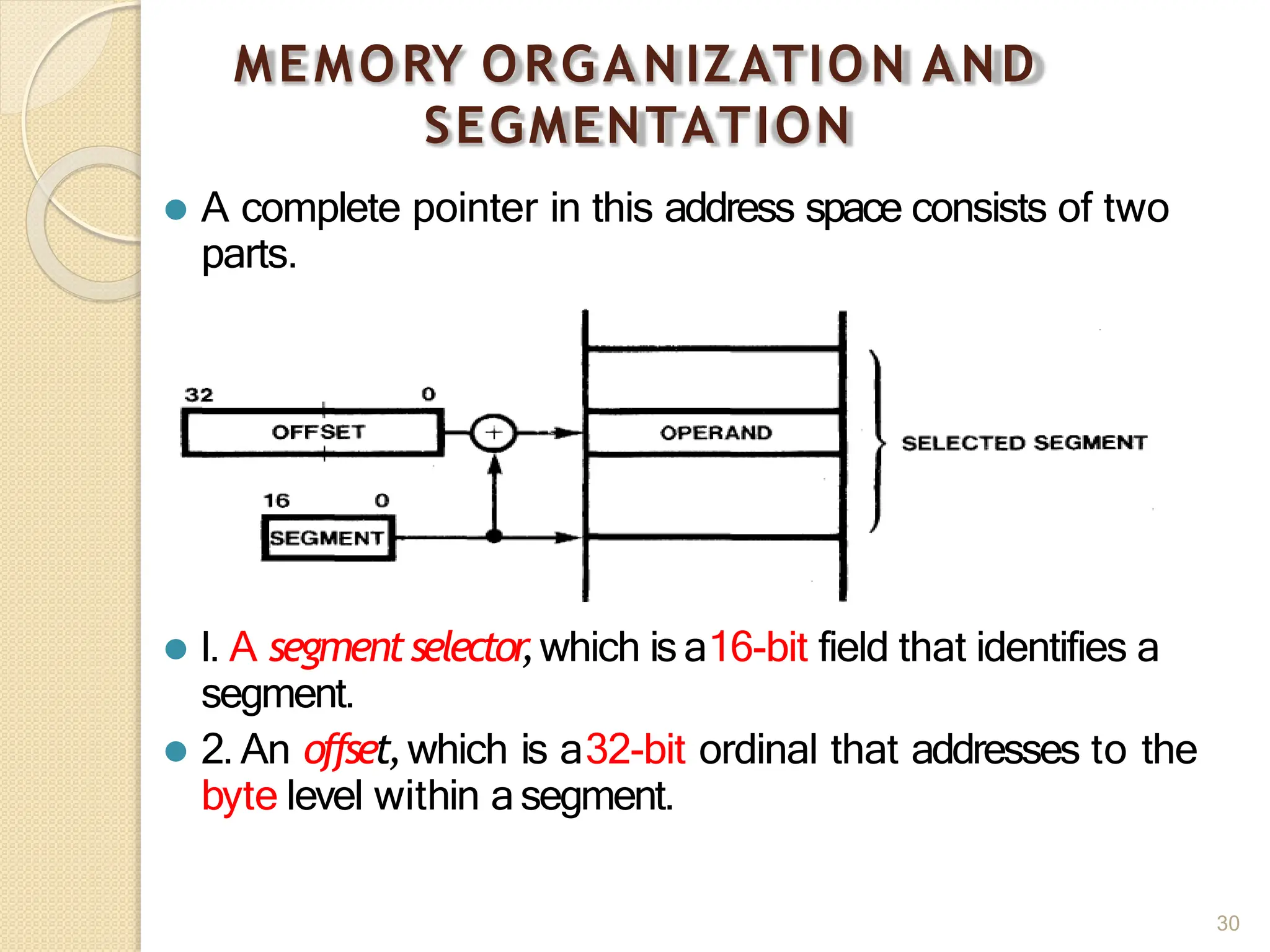 MEMORY ORGAN IZATION AND
SEGMENTATION
⚫ A complete pointer in this address space consists of two
parts.
⚫ l. A segmentselector
,which isa16-bit field that identifies a
segment.
⚫ 2. An offset,which is a32-bit ordinal that addresses to the
byte level within asegment.
30
 