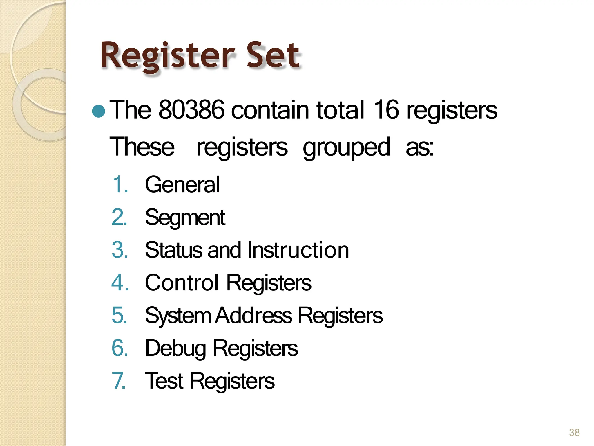 Register Set
38
⚫The 80386 contain total 16 registers
These registers grouped as:
1. General
2. Segment
3. Status and Instruction
4. Control Registers
5. SystemAddress Registers
6. Debug Registers
7. Test Registers
 
