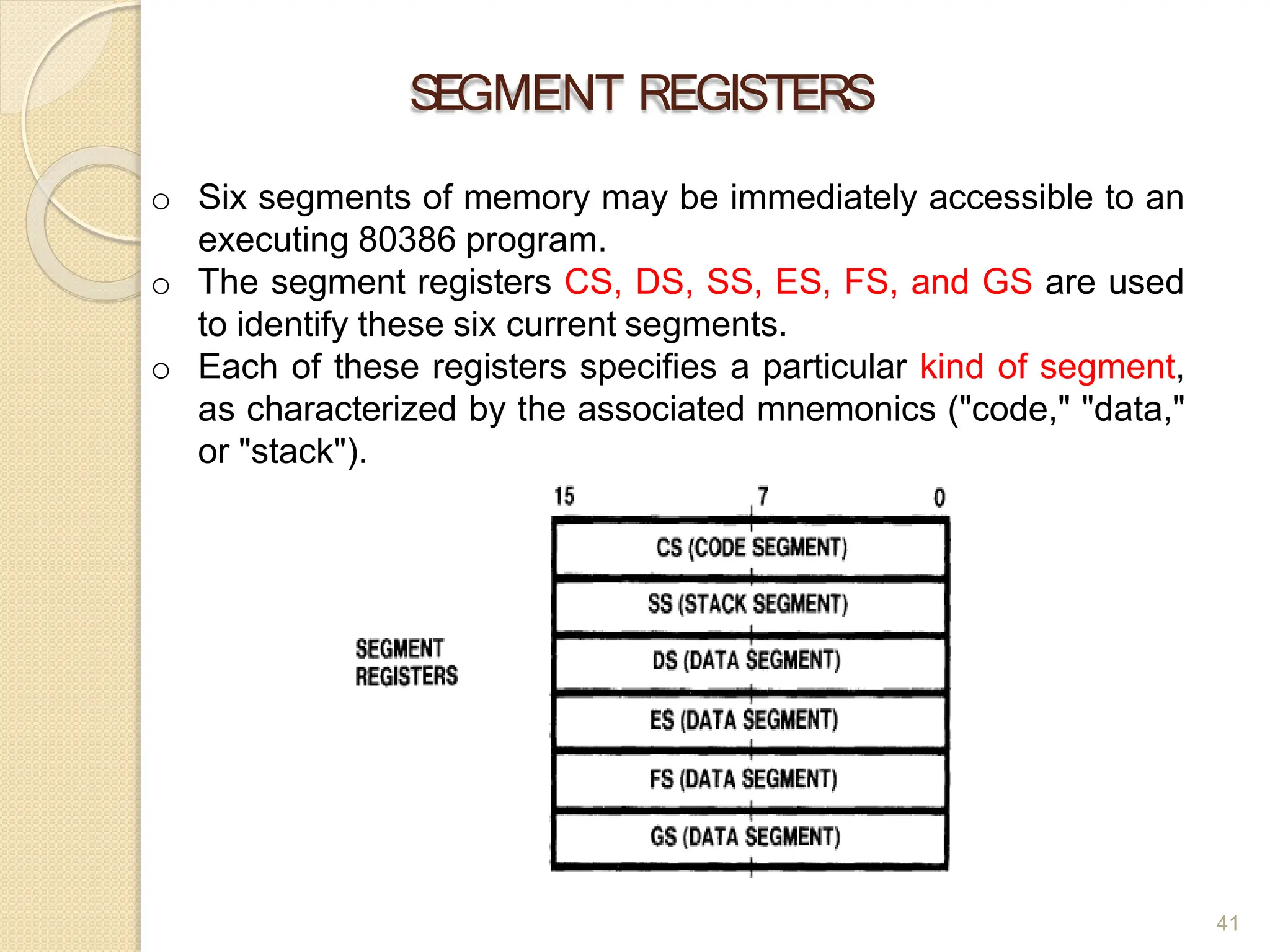 SEGMENT REGISTERS
o Six segments of memory may be immediately accessible to an
executing 80386 program.
o The segment registers CS, DS, SS, ES, FS, and GS are used
to identify these six current segments.
o Each of these registers specifies a particular kind of segment,
as characterized by the associated mnemonics ("code," "data,"
or "stack").
41
 