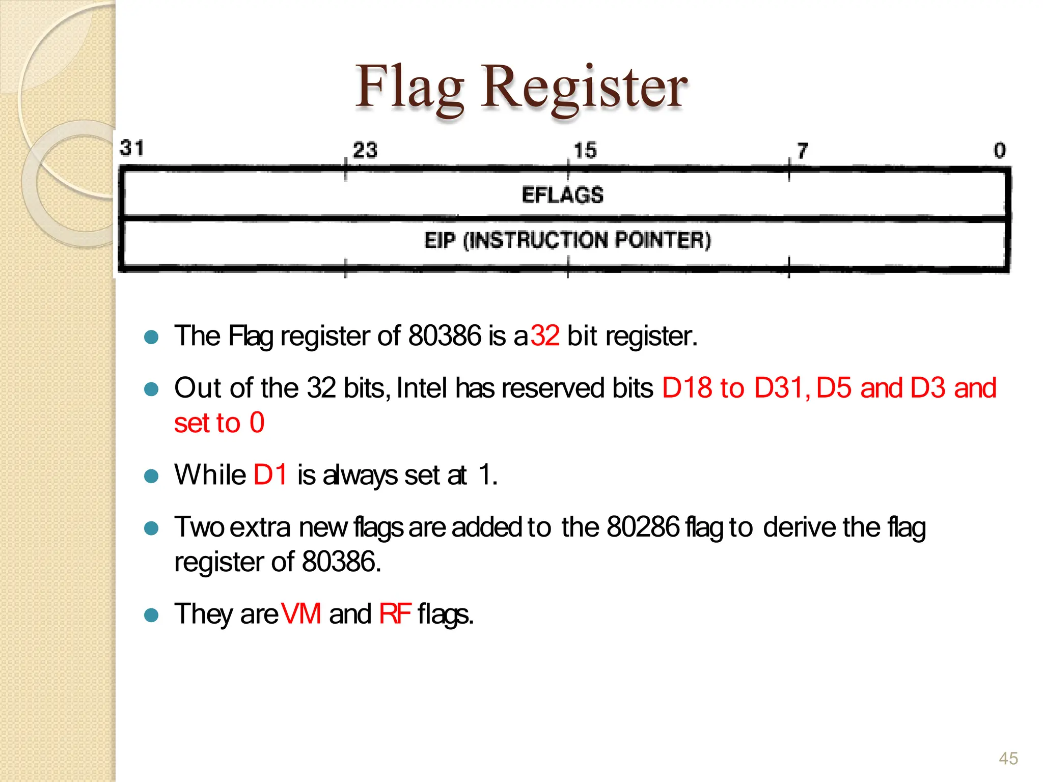 Flag Register
⚫ The Flag register of 80386 is a32 bit register.
⚫ Out of the 32 bits,Intel has reserved bits D18 to D31,D5 and D3 and
set to 0
⚫ While D1 is always set at 1.
⚫ Twoextra new flagsareaddedto the 80286flagto derive the flag
register of 80386.
⚫ They areVM and RFflags.
45
 
