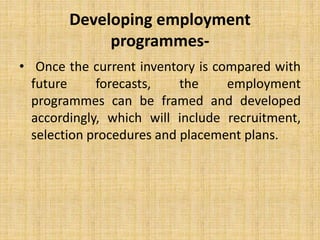 Developing employment
programmes-
• Once the current inventory is compared with
future forecasts, the employment
programmes can be framed and developed
accordingly, which will include recruitment,
selection procedures and placement plans.
 