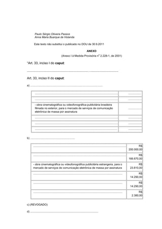 Paulo Sérgio Oliveira Passos
          Anna Maria Buarque de Holanda

         Este texto não substitui o publicado no DOU de 30.9.2011

                                                                              ANEXO
                                                                                                o
                                             (Anexo I à Medida Provisória n 2.228-1, de 2001)

“Art. 33, inciso I do caput:

...................................................................…..............................

Art. 33, inciso II do caput:

a) ................................................................................................

          ..............................................................................................................              .................

          ..............................................................................................................              ..................

          - obra cinematográfica ou videofonográfica publicitária brasileira
          filmada no exterior, para o mercado de serviços de comunicação                                                              ..................
          eletrônica de massa por assinatura

          ..............................................................................................................              ..................

          ..............................................................................................................              ..................

          .............................................................................................................               ..................


b) ...........................................................

        ...........................................................................................................................          R$
                                                                                                                                      200.000,00

        ...........................................................................................................................          R$
                                                                                                                                      166.670,00

        - obra cinematográfica ou videofonográfica publicitária estrangeira, para o                                                           R$
        mercado de serviços de comunicação eletrônica de massa por assinatura                                                           23.810,00

        ......................................................................................................................                R$
                                                                                                                                        14.290,00

        ......................................................................................................................                R$
                                                                                                                                        14.290,00

        ......................................................................................................................                 R$
                                                                                                                                          2.380,00


c) (REVOGADO)

d) ..........................................................................................
 