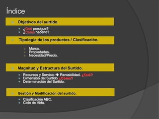 Índice
    Objetivos del surtido.
      ¿Qué persigue?
      ¿Cómo hacerlo?

    Tipología de los productos / Clasificación.

        ○   Marca.
        ○   Propiedades.
        ○   Necesidad/Precio.


    Magnitud y Estructura del Surtido.
      Recursos y Servicio  Rentabilidad. ¿Qué?
      Dimensión del Surtido ¿Cómo?
      Determinación del Surtido.


    Gestión y Modificación del surtido.
      Clasificación ABC.
      Ciclo de Vida.
 