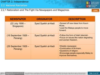 Slide 16 of 67
TOPIC
CHAPTER 2: Independence
NEWSPAPER ORIGINATOR DESCRIPTION
(22 July 1906 –
Singapore)
Syed Syeikh al-Hadi •Spread off new ideas from Kaum
Muda.
•Lead the Malaya people to move
forward.
(16 September 1926 –
Penang)
Syed Syeikh al-Hadi •Follow the form of Islah Islamiah.
•Focus on issues like nation degrading
and women freedom.
(29 September 1928 –
Penang)
Syed Syeikh al-Hadi •Weekly newspaper.
•Continuation of Al-Imam.
•Questions of religion.
•Encourage people especially Malay to
improve themselves.
2.2 National Patriotism
2.2.1 Nationalism and The Fight Via Newspapers and Magazines
 