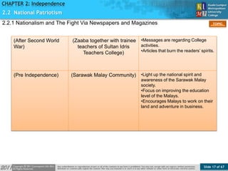 Slide 17 of 67
TOPIC
CHAPTER 2: Independence
(After Second World
War)
(Zaaba together with trainee
teachers of Sultan Idris
Teachers College)
•Messages are regarding College
activities.
•Articles that burn the readers’ spirits.
(Pre Independence) (Sarawak Malay Community) •Light up the national spirit and
awareness of the Sarawak Malay
society.
•Focus on improving the education
level of the Malays.
•Encourages Malays to work on their
land and adventure in business.
2.2 National Patriotism
2.2.1 Nationalism and The Fight Via Newspapers and Magazines
 