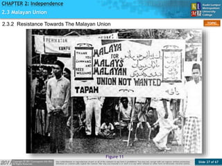 Slide 27 of 67
TOPIC
CHAPTER 2: Independence
2.3.2 Resistance Towards The Malayan Union
Figure 11
2.3 Malayan Union
 