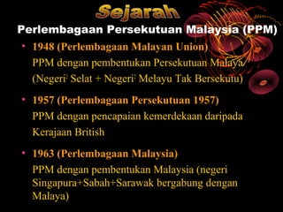 Perlembagaan Persekutuan Malaysia (PPM)
 • 1948 (Perlembagaan Malayan Union)
  PPM dengan pembentukan Persekutuan Malaya
  (Negeri2 Selat + Negeri2 Melayu Tak Bersekutu)
• 1957 (Perlembagaan Persekutuan 1957)
  PPM dengan pencapaian kemerdekaan daripada
  Kerajaan British
• 1963 (Perlembagaan Malaysia)
  PPM dengan pembentukan Malaysia (negeri
  Singapura+Sabah+Sarawak bergabung dengan
  Malaya)
 