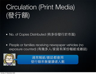 Circulation (Print Media)
         (       )

              No. of Copies Distributed (                 )


              People or families receiving newspaper vehicles (no
              exposure counted) (           /                     )

                                       /



Sunday, 27 December 2009
 
