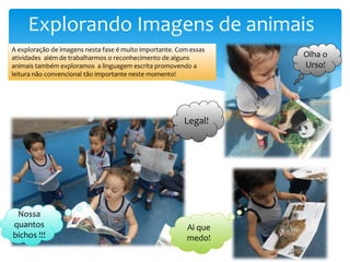 Explorando Imagens de animais
Olha o
Urso!
Ai que
medo!
Nossa
quantos
bichos !!!
A exploração de imagens nesta fase é muito importante. Com essas
atividades além de trabalharmos o reconhecimento de alguns
animais também exploramos a linguagem escrita promovendo a
leitura não convencional tão importante neste momento!
Legal!
 