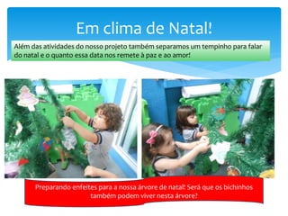 Em clima de Natal!
Além das atividades do nosso projeto também separamos um tempinho para falar
do natal e o quanto essa data nos remete à paz e ao amor!
Preparando enfeites para a nossa árvore de natal! Será que os bichinhos
também podem viver nesta árvore?
 
