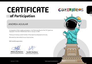 Recognition of Participation in the 7th Copernicus Olympiad Mathematics ...