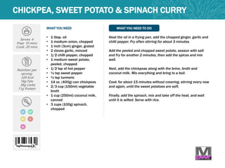 WHAT YOU NEED WHAT YOU NEED TO DO
Serves: 4
Prep: 10 mins
Cook: 20 mins
Nutrition per
serving:
328 kcal
16g Fats
38g Carbs
11g Protein
• 1 tbsp. oil
• 1 medium onion, chopped
• 1 inch (3cm) ginger, grated
• 2 cloves garlic, minced
• 1/2 chilli pepper, chopped
• 1 medium sweet potato,
peeled, chopped
• 1/2 tsp of hot pepper
• ½ tsp sweet pepper
• ½ tsp turmeric
• 14 oz. (400g) can chickpeas
• 2/3 cup (150ml) vegetable
broth
• 1 cup (250ml) coconut milk,
canned
• 3 cups (100g) spinach,
chopped
Heat the oil in a frying pan, add the chopped ginger, garlic and
chilli pepper. Fry often stirring for about 3 minutes.
Add the peeled and chopped sweet potato, season with salt
and fry for another 2 minutes, then add the spices and mix
well.
Next, add the chickpeas along with the brine, broth and
coconut milk. Mix everything and bring to a boil.
Cook for about 15 minutes without covering, stirring every now
and again, until the sweet potatoes are soft.
Finally, add the spinach, mix and take off the heat, and wait
until it is wilted. Serve with rice.
CHICKPEA, SWEET POTATO & SPINACH CURRY
GF
V
Q
DF
MP
 