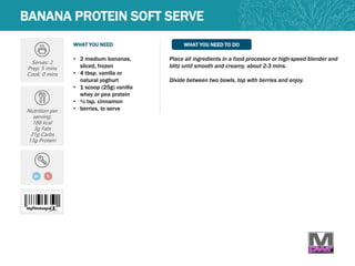 WHAT YOU NEED WHAT YOU NEED TO DO
BANANA PROTEIN SOFT SERVE
Serves: 2
Prep: 5 mins
Cook: 0 mins
Nutrition per
serving:
188 kcal
3g Fats
31g Carbs
13g Protein
• 2 medium bananas,
sliced, frozen
• 4 tbsp. vanilla or
natural yoghurt
• 1 scoop (25g) vanilla
whey or pea protein
• ½ tsp. cinnamon
• berries, to serve
Place all ingredients in a food processor or high-speed blender and
blitz until smooth and creamy, about 2-3 mins.
Divide between two bowls, top with berries and enjoy.
GF V
 