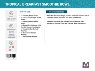 WHAT YOU NEED WHAT YOU NEED TO DO
TROPICAL BREAKFAST SMOOTHIE BOWL
Serves: 2
Prep: 10 mins
Cook: 0 mins
Nutrition per
serving:
345 kcal
8g Fats
69g Carbs
5g Protein
V
Q
• 2 bananas, frozen slices
• 4.4 oz. (125g) mango, frozen
cubes
• 2/3 cup (160ml) coconut
water
• 1/3 cup (80ml) coconut milk
• handful blueberries, topping
• 1 kiwi, peeled and sliced,
topping
• 2 tbsp. coconut chips,
topping
• 2 tbsp. granola, topping
Place the bananas, mango, coconut water and coconut milk in
a blender or food processor and blend until smooth.
Divide the smoothie over 2 bowls and top with the kiwi,
blueberries, coconut chips and granola. Serve imminently
DF
 