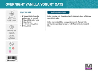 WHAT YOU NEED WHAT YOU NEED TO DO
OVERNIGHT VANILLA YOGURT OATS
Serves: 2
Prep: 5 mins
Cook: 0 mins
Nutrition per
serving:
249 kcal
5g Fats
41g Carbs
9g Protein
V
Q
• 1 ½ cup (350ml) vanilla
yoghurt, soy or normal
• 5 tbsp. (30g) rolled oats
• 1 tbsp. honey
• 2-4 strawberries, sliced
• 1 kiwi, sliced
In the evening mix the yoghurt and rolled oats, then refrigerate
overnight in a jar.
In the morning add the honey and mix well. Transfer into
serving bowls and serve topped with fresh strawberries and
kiwi.
DF
 