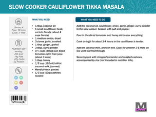 WHAT YOU NEED WHAT YOU NEED TO DO
SLOW COOKER CAULIFLOWER TIKKA MASALA
Serves: 4
Prep: 10 mins
Cook: 3-4hrs
Nutrition per
serving:
226 kcal
14g Fats
22g Carbs
7g Protein
GF
• 1 tbsp. coconut oil
• 1 small cauliflower head,
cut into florets (about 4
cups florets)
• 1 medium onion, diced
• 3 cloves garlic, crushed
• 1 tbsp. ginger, grated
• 3 tbsp. curry powder
• 3 ½ cups (800g) can diced
tomatoes with their juice
(about 3 cups)
• 1 tbsp. honey
• 1/2 cup (120ml) full-fat
coconut milk (canned)
• Handful fresh parsley
• 1/3 cup (50g) cashews
roasted
Add the coconut oil, cauliflower, onion, garlic, ginger, curry powder
to the slow cooker. Season with salt and pepper.
Pour in the diced tomatoes and honey stir to mix everything.
Cook on high for about 3-4 hours or the cauliflower is tender.
Add the coconut milk, and stir well. Cook for another 3-5 mins on
low until warmed through.
Serve topped with chopped coriander and roasted cashews,
accompanied by rice (not included in nutrition info).
DF
MP V
N
 