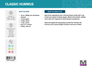 WHAT YOU NEED WHAT YOU NEED TO DO
CLASSIC HUMMUS
Serves: 6
Prep: 10 mins
Cook: 0 mins
Nutrition per
serving:
100 kcal
7g Fats
6g Carbs
3g Protein
• 14 oz. (400g) can chickpeas,
drained
• 1 clove garlic
• 1 tbsp. tahini
• ½ tsp. cumin
• juice of ½ lemon
• 2 tbsp. olive oil
Add all the ingredients into a food processor along with 1 tsp
of salt and a pinch of black pepper. Blend until smooth, adding
more olive oil if required to reach desired consistency.
Taste and adjust the seasoning as preferred. Transfer the
hummus into a bowl/airtight container and serve chilled.
MP
V
GF DF
LC
Q
 