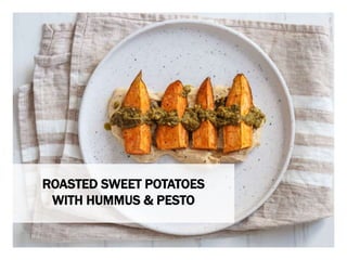 WHAT YOU NEED WHAT YOU NEED TO DO
ROASTED SWEET POTATOES
WITH HUMMUS & PESTO
 