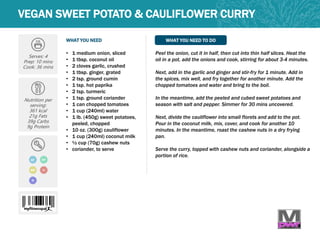 WHAT YOU NEED WHAT YOU NEED TO DO
VEGAN SWEET POTATO & CAULIFLOWER CURRY
Serves: 4
Prep: 10 mins
Cook: 36 mins
Nutrition per
serving:
361 kcal
21g Fats
39g Carbs
9g Protein
• 1 medium onion, sliced
• 1 tbsp. coconut oil
• 2 cloves garlic, crushed
• 1 tbsp. ginger, grated
• 2 tsp. ground cumin
• 1 tsp. hot paprika
• 2 tsp. turmeric
• 1 tsp. ground coriander
• 1 can chopped tomatoes
• 1 cup (240ml) water
• 1 lb. (450g) sweet potatoes,
peeled, chopped
• 10 oz. (300g) cauliflower
• 1 cup (240ml) coconut milk
• ½ cup (70g) cashew nuts
• coriander, to serve
Peel the onion, cut it in half, then cut into thin half slices. Heat the
oil in a pot, add the onions and cook, stirring for about 3-4 minutes.
Next, add in the garlic and ginger and stir-fry for 1 minute. Add in
the spices, mix well, and fry together for another minute. Add the
chopped tomatoes and water and bring to the boil.
In the meantime, add the peeled and cubed sweet potatoes and
season with salt and pepper. Simmer for 30 mins uncovered.
Next, divide the cauliflower into small florets and add to the pot.
Pour in the coconut milk, mix, cover, and cook for another 10
minutes. In the meantime, roast the cashew nuts in a dry frying
pan.
Serve the curry, topped with cashew nuts and coriander, alongside a
portion of rice.
GF DF
MP V
N
 