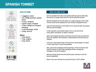 WHAT YOU NEED WHAT YOU NEED TO DO
Serves: 4
Prep: 10 mins
Cook: 60 mins
Nutrition per
serving:
275 kcal
15g Fats
34g Carbs
2g Protein
GF
WHAT YOU NED
• 1 eggplant, sliced
• 1 lb. (450g) potatoes, peeled,
sliced
• 1 onion, chopped
• 2 garlic cloves, chopped
• 1 14oz. (400g) can chopped
tomatoes
• 1 red bell pepper, sliced
• 4 tbsp. olive oil
Spices:
• 2 bay leaves
• 1 tsp. oregano
• 1 tsp. thyme
Cut the aubergine into slices and sprinkle with sea salt on both sides,
then place on a paper towel and let it rest for about 20 minutes.
Peel the potatoes and cut into slices. In a large frying pan, heat 1 tbsp.
of olive oil and fry the potatoes for 5-10 minutes until golden brown.
Layer the fried potatoes on the bottom of an ovenproof dish, and season
with sea salt and pepper.
In the meantime, heat another tbsp. of oil in a pot and fry the
onion, garlic, and spices, for about 3 minutes.
Add in the chopped tomatoes and bring to the boil. Cook uncovered for
about 10 minutes in the meantime, occasionally stir until the sauce is
reduced.
In the pan, heat another tbsp. of oil and fry the sliced pepper, for about
5 mins. Layer them on top of the potatoes.
Next, pat dry the aubergine heat the last tbsp. of olive oil and fry it for
about 5 minutes on each side until golden brown. Arrange the
aubergine on top of the peppers.
Remove the bay leaves from the tomato sauce and pour it over the
layered vegetables.
Place in the oven and bake for around 30 mins in 375 F (190C).
DF
SPANISH TOMBET
MP V
 