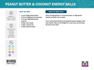 WHAT YOU NEED WHAT YOU NEED TO DO
Makes: 9
Prep: 10 mins
Cook: 0 mins
Nutrition per
serving:
135 kcal
9g Fats
13g Carbs
3g Protein
• 1 cup (130g) pitted dates
• 3/4 cup (40g) ground almonds
• 1/2 cup (40g) desiccated
coconut
• 2 tbsp. chia seeds
• 1 tbsp. coconut oil
• 1 tbsp. peanut butter
Place all ingredients in a food processor or high-speed
blender and blitz into a paste.
Form walnut-sized balls by pressing the paste together with
your hands. Place in the fridge for a few hours so that they
become more solid.
PEANUT BUTTER & COCONUT ENERGY BALLS
V
LC MP
GF DF
Q
N
 
