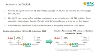 Aumento de Capital
4
Estrutura Acionária da MPX em 30 de junho de 2013
36,2% 29,0%
EIKE
BATISTA
FREE
FLOAT
34,8% ~38% ~24%
EIKE
BATISTA
FREE
FLOAT
~38%
Estrutura Acionária da MPX após a conclusão do
Aumento de Capital
 Aumento de capital privado de R$ 800 milhões aprovado em Reunião do Conselho de Administração
de 03 de julho;
 81.235.437 das novas ações emitidas, equivalente a aproximadamente R$ 524 milhões, foram
subscritas e integralizadas durante o Período Inicial de Subscrição, que se encerrou em 8 de agosto;
 Primeiro Período Adicional de Subscrição se inicia em 14 de agosto e termina em 16 de agosto.
Obs: Considera o não-exercício dos direitos de subscrição pelo Sr. Eike Batista e
a subscrição de R$ 366,7 milhões pela E.ON
 