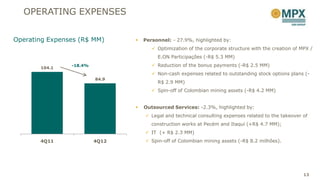 OPERATING EXPENSES


Operating Expenses (R$ MM)         Personnel: - 27.9%, highlighted by:
                                        Optimization of the corporate structure with the creation of MPX /
                                         E.ON Participações (-R$ 5.3 MM)

       104.1
                -18.4%                  Reduction of the bonus payments (-R$ 2.5 MM)
                                        Non-cash expenses related to outstanding stock options plans (-
                         84.9
                                         R$ 2.9 MM)
                                        Spin-off of Colombian mining assets (-R$ 4.2 MM)


                                   Outsourced Services: -2.3%, highlighted by:
                                     Legal and technical consulting expenses related to the takeover of
                                       construction works at Pecém and Itaqui (+R$ 4.7 MM);
                                     IT (+ R$ 2.3 MM)
       4Q11              4Q12        Spin-off of Colombian mining assets (-R$ 8.2 milhões).




                                                                                                       13
 