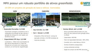11
CARVÃO
 Açu Carvão: 2,1 GW
 Sul + Seival: 1,3 GW
- Integrado a Mina de Seival: Licença de
operação emitida e 152 MM toneladas de
reservas provadas
RENOVÁVEIS
 Ventos Wind: até 1,2 GW
- Ativos greenfield diferenciados em uma
área com alto potencial para geração eólica
no Brasil
- Capacidade: 600 MW
- Fator de Capacidade Estimado: 48% (P50)
- Conexão com a rede básica a 30 km
- Direitos fundiários assegurados
- Licença ambiental emitida
- Opção de compra de 600 MW adicionais
GÁS
 Expansão Parnaíba: 2,2 GW
- Importante vantagem competitiva com a
integração da produção de gás natural e
geração de energia em uma região com
benefícios fiscais
 Capacidade UTE Açu: 3,3 GW
- Localizado a 150km das acumulações de
gás natural descobertas na Bacia de
Campos em um porto com licença para
construir um terminal de regaseificação
Maranhão Rio de Janeiro Rio de Janeiro Rio Grande do Sul Rio Grande do Norte
MPX possui um robusto portfólio de ativos greenfields
10 GW em projetos de geração de base e eólicos licenciados
 