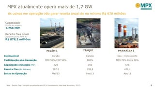 9Nota : Receita Fixa é corrigida anualmente pelo IPCA (considerando data-base Novembro, 2012).
Capacidade
(100% do projeto)
1.756 MW
Receita Fixa anual
(ajustado partic. MPX %)
R$ 878,2 milhões
Combustível Carvão Carvão Gás – Ciclo aberto
Participação pós-transação MPX 50%/EDP 50% 100% MPX 70% Petra 30%
Capacidade Instalada (MW) 720 360 676
Receita Fixa (R$ MM/ano) 567,2 299,8 421,2
Início de Operação Mai/13 Fev/13 Abr/13
As usinas em operação irão gerar receita anual de no mínimo R$ 878 milhões
MPX atualmente opera mais de 1,7 GW
PECÉM I PARNAÍBA IITAQUI
 