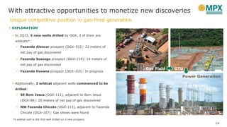 With attractive opportunities to monetize new discoveries
Unique competitive position in gas-fired generation
Gas Field GTU
Power Generation
14
EXPLORATION
 In 2Q13, 5 new wells drilled by OGX, 3 of them are
wildcats*:
 Fazenda Alencar prospect (OGX-112): 22 meters of
net pay of gas discovered
 Fazenda Sossego prospect (OGX-114): 14 meters of
net pay of gas discovered
 Fazenda Havana prospect (OGX-115): In progress
 Additionally, 2 wildcat adjacent wells commenced to be
drilled:
 SE Bom Jesus (OGX-111), adjacent to Bom Jesus
(OGX-88): 20 meters of net pay of gas discovered
 NW Fazenda Chicote (OGX-113), adjacent to Fazenda
Chicote (OGX-107): Gas shows were found
*A wildcat well is the first well drilled on a new prospect.
 