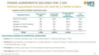 POWER AGREEMENTS SECURED FOR 3 GW
            Minimum guaranteed revenues will reach R$ 1.4 billion in 2014
                      POWER PLANTS UNDER CONSTRUCTION
                                                                                            Annual Capacity
                                                             Total Capacity   Energy Sold                        COD
                                 Regulated Market                                              Payment
                                                                 (MW)          (Avg MW)                       (Expected)
                                                                                             (R$ MM/year)
                         Pecém I (2nd turbine)                    360            307.5           283.6          1Q13

                         Pecém II                                 365            276             269.2          2Q13

                         Parnaíba I (3rd and 4th turbines)        338            225             210.6          1Q13

                         Parnaíba I (5th turbine)                 176             98             93.5           2Q13

                         Parnaíba II                              517            450             353.1          4Q13

                                        TOTAL                    1,756         1,356.5         1,210.0


 MILESTONES LEADING TO COMMERCIAL OPERATIONS

      Pecém I (2nd turbine): electrical tests  first synchronization  electrical load tests  COD

      Pecém II: steam blowing  reinstatement  by-pass operation  steam to turbine  electrical tests  first synchronization
       electrical load tests  COD

      Parnaíba I: turbines 3 and 4 are in the final stages of electromechanical assembly

      Parnaíba II: turbines 1 and 2, already at the site, are currently in the mechanical construction stage
Figures reflect 100% of the projects.                                                                                       11
 