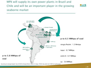 MPX will supply its own power plants in Brazil and Chile and will be an important player in the growing seaborne market .   Up to 5.8 MMtpa of coal Up to 6.5 MMtpa of coal Energia Pecém:  1.3 Mmtpa Itaqui:  0.7 MMtpa Pecém II:  0.7 MMtpa Açu:  3.8 MMtpa Assuming an average dispatch rate of 65% for Energia Pecém, Pecém II e Itaqui; 70% for Açu plant and 100% for Castilla plant. 
