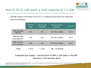 And in 2014, will reach a total capacity of 1,5 GW  .   500 MW capacity contracted in the 2011 Y-3 Energy Auction and 230  average MW  sold in the Free Market Parnaíba TPP is a 70/30 partnership between MPX and Petra;  2.In 2013 starts  30 average MW in the Free Market and the remain portion in 2014.;  3. Capacity Payments are escalated annually by the IPCA inflation index (Figures as May, 2011).  Integrated gas supply = monetization of MPX’s 23% stake in the E&P business in the Parnaíba Basin  Capacity (MW) Energy sold (avg MW) Annual Capacity Payment  3 Start up MPX Parnaíba (Bertin)   1 676 450 R$ 392.9 million 2013 MPX Parnaíba  (Free Market)  1,2 338 230 R$ 285.0 million 2013 MPX Parnaíba  (Y-3 Auction)  1 500 450 R$ 327.8 million 2014 Total 1,514 1,130 R$  1.0 billion 