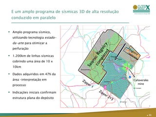 E um amplo programa de sísmicas 3D de alta resolução conduzido em paralelo Amplo programa sísmico, utilizando tecnologia  estado-da-arte  para otimizar a perfuração 1.200km de linhas sísmicas cobrindo uma área de 10 x 10km Dados adquiridos em 47% da área –interpretação em processo Indicações iniciais confirmam estrutura plana do depósito .   Seismic Registry  completed Registry underway Zipper 1 Zipper 2+3 Cañaverales mine 