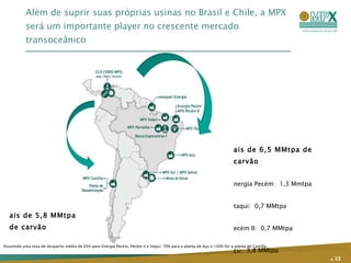 Além de suprir suas próprias usinas no Brasil e Chile, a MPX será um importante player no crescente mercado transoceânico .   Mais de 5,8 MMtpa de carvão Mais de 6,5 MMtpa de carvão Energia Pecém:  1,3 Mmtpa Itaqui:  0,7 MMtpa Pecém II:  0,7 MMtpa Açu:  3,8 MMtpa Assumido uma taxa de despacho média de 65% para Energia Pecém, Pecém II e Itaqui; 70% para a planta de Açu e 100% for a planta de Castilla. 