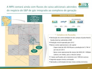 A MPX contará ainda com fluxos de caixa adicionais advindos do negócio de E&P de gás integrado ao complexo de geração .   Declaração de comercialidade de dois campos (Gavião Real & Gavião Azul) já submetida à ANP Produção inicial esperada para 2S12 Baixos custos operacionais e de capital Capex total de US$ 450 M para a produção de 5,7 M m³ por dia em 2013 Baixo custo operacional de menos de US$0,30/1.000pés cúbicos,   em média, para a vida do campo 7 poços perfurados até o momento com 100% de sucesso Segunda equipe sísmica contratada  Aprovada a contratação de duas novas sondas terrestres Complexo do Paranaíba Projeto 1  1 o  gás: 2S12 23 poços de produção Gavião Real Gavião Azul 