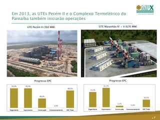 Em 2013, as UTEs Pecém II e o Complexo Termelétrico do
Parnaíba também iniciarão operações
       UTE Pecém II (360 MW)             UTE Maranhão IV + V (676 MW)




            Progresso EPC                       Progresso EPC




                                                                        .7
 