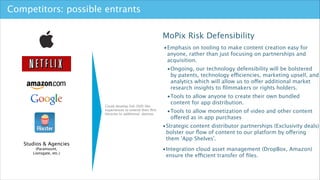 Competitors: possible entrants
MoPix Risk Defensibility 
•Emphasis on tooling to make content creation easy for
anyone, ra...