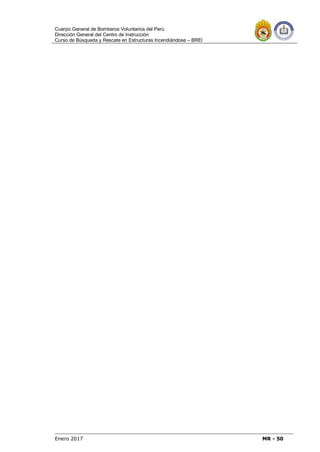 Cuerpo General de Bomberos Voluntarios del Perú
Dirección General del Centro de Instrucción
Curso de Búsqueda y Rescate en Estructuras Incendiándose – BREI
Enero 2017 MR - 50
 