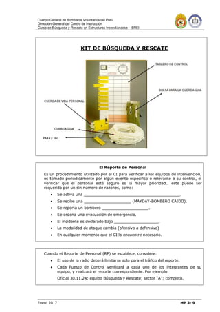 Cuerpo General de Bomberos Voluntarios del Perú
Dirección General del Centro de Instrucción
Curso de Búsqueda y Rescate en Estructuras Incendiándose – BREI
Enero 2017 MP 3- 9
KIT DE BÚSQUEDA Y RESCATE
El Reporte de Personal
Es un procedimiento utilizado por el CI para verificar a los equipos de intervención,
es tomado periódicamente por algún evento específico o relevante a su control, el
verificar que el personal esté seguro es la mayor prioridad., este puede ser
requerido por un sin número de razones, como:
 Se activa una _________________________________________.
 Se recibe una ____________________ (MAYDAY-BOMBERO CAIDO).
 Se reporta un bombero ____________________.
 Se ordena una evacuación de emergencia.
 El incidente es declarado bajo ___________________.
 La modalidad de ataque cambia (ofensivo a defensivo)
 En cualquier momento que el CI lo encuentre necesario.
Cuando el Reporte de Personal (RP) se establece, considere:
 El uso de la radio deberá limitarse solo para el tráfico del reporte.
 Cada Puesto de Control verificará a cada uno de los integrantes de su
equipo, y realizará el reporte correspondiente. Por ejemplo:
Oficial 30.11.24; equipo Búsqueda y Rescate; sector “A”; completo.
 