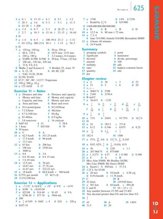 A n swe r s 625 
answers ➔ 
2 
3 
4 D 
5 
6 D 
7 a 120 kg, 150 kg b 50 m, 550 m 
c 86 L, 129 L d 1875 mm, 3125 mm 
e 240 g, 180 g f 3.2 tonnes, 0.4 tonnes 
g $1000, $1500, $1500 h 50 km, 75 km, 125 km 
i 100 mL, 150 mL, 450 mL 
j 33 h, 9 h, 6 h 
8 Maths 2 and Science 6 9 Brother 25, sister 35 
10 a 6, 12, 18 b 40, 80, 120 
c 9.60, 19.20, 28.80 
11 $1350, $1650 
12 67.5°, 90°, 90°, 112.5°; Trapezium 
13 350 g; 500 g; 10 g 
14 a 175:6428 b 37 
Exercise 1I — Rates 
1 a Distance and time b Distance and capacity 
c Money and time d Money and capacity 
e Capacity and time f Money and area 
g Area and time h Runs and overs 
2 
3 $487.62 4 12 5 58.8 
6 1 hour 7 $45 920 8 70 
9 95 hours 
10 a C b A 
11 a 62.5 km/h b 531.25 km/h 
c 17.5 km/h d 96 km/h 
e 13.3 m/s 
12 a 63 km b 296 km 
c 196 km d 2550 km 
e 3600 m 
13 a 8 h b 3 h 
c 6 h 30 min d 8 h 15 min 
e 1 h 10 min 
14 a 12.5 m/s b 30 m/s 
c 16.67 m/s d 27.78 m/s 
e 41.67 m/s f 222.22 m/s 
15 a 18 km/h b 66.6 km/h c 360 km/h 
16 0.75% per month 17 84.5 c/L 
18 11.9 L/100 km 
Exercise 1J — Applications 
1 a −7.3°C b 10.6°C c 19° d 9°C e −14°C 
2 a $190 b +$103.04 
3 a $25.88 b $14.40 c $1.45 d 9 h 
e $786.30 f $77.78 g 3944 mL 
4 209 
5 a of $39 b 1045 c 8 d $24 e 320 g 
6 $457.19 
7 a 3740 b i 8% ii 2356 
c Roald by 2 % d $19 000 
8 1 608 000 000 000 000 000 
9 a B b B c B d D 
10 a 12.5 m b 80 mm × 72 mm 
11 a 7:5:4 
b Jane: $14 000, Annette $10 000, Bernadette $8000 
12 a 4 hours 40 minutes 
b 24.9 km/h 
Summary 
1 grouping symbols 2 point 
3 significant 4 numerator 
5 decimal 6 divide, percentage 
7 amount 8 100 
9 multiply 10 add 
11 ratio 12 highest common factor 
13 quantity 14 rate 
15 per 
Chapter review 
1 a 4 b 38 c 3 d 22 
2 a 51 b 2 c 6 d 20 
3 ×, ÷, − 
4 a 5689.71 b 5700 
5 a 2160 b 2156.6 
6 B and C 
7 a 36.615 b −2.95 
8 a b ----- c ----- 11 
d -------- 73 
e 
31 
-- 23 
----- 93 
-------- 2 
f g h i j 
-------- 
-- 
9 a b 
-- 
10 a 71% b 240% c 93.75% d 16 % 
11 D 
12 a 24 b 383.5 c 373.8 
13 a 0.12 b 0.346 c 0.875 d 8.25 
14 a ----- b 1 ----- 3 
c 
2 
-- 
15 182.4 16 1500 
17 a 57%, ----- , 0.6 b 23 -- 1 
%, ----- 
6 
, 0.245 
18 a 0.83, 82%, -- b ----- 
5 
, 0.416, 41% 
19 a 36 b 2.05 c 1.1 
20 a 267.968 75 b 875 000 
21 a i 4.273 ii 4.27 b i 0.380 ii 0.380 
22 a C b A c B 
23 Miss Alan $5600, Mr Bradley $4200, 
Mrs Cato $9800, Ms Dawn $8400 
24 a Karen’s b 450 km c 37.5 L 
25 1.25 L for $3.60 
26 a 20 m/s b 54 km/h c 4.58 c/g 
d 0.4%/month e 11.76 km/L 
27 C 28 B 
29 42 litres 30 219 030 litres 
31 a 567 km b 84 km/h c $94.40 
32 C and D 33 10 − 23 × −2 
34 Any number between 15.395 and 15.405. 
35 Any decimal greater than 0.6 and less than . 
36 
37 45 38 A 39 150% 
40 31.5 41 20 
a 6:1 b 13:15 c 4:1 d 5:1 e 1:2 
f 20:3 g 1:6 h 5:3 i 5:1 j 11:5 
k 43:20 l 1:200 
a 3:4 b 8:7 c 2:3 d 28:25 e 9:2 
f 2:7 g 10:3 h 33:16 i 23:15 j 16:65 
a 1:4 b 6:5 c 100:39 d 23:2 e 1:12 
f 63:125 g 400:21 h 20:1 i 1:15 j 54:5 
a 18.4 points/game b $12.85/hour 
c 7.2 L/hour d 48c/min 
e 9.7 L/100 km f 85c/kg 
g $2.48/km h 8.5 kg/ha 
i 3.8 runs/over j 34 cm/year 
2 
3 
-- 
1 
2 
-- 
7 
8 
-- 6 
25 
20 
200 
125 
13 
100 
-------- 3 
4 
40 
250 
5 
5 
8 
-- 4 
5 
2 
3 
-- 
13 
25 
10 
7 
29 
50 
2 
25 
4 
5 
12 
. 
0.6 
6 
7 
-- 
1D 
1J 
 