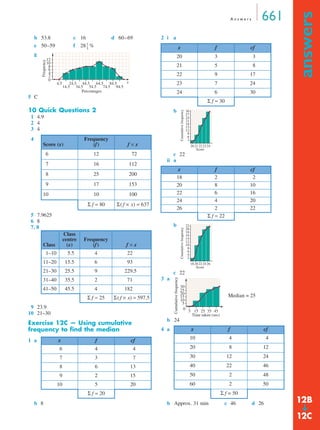 A n swe r s 661 
answers ➔ 
b 53.8 c 16 d 60–69 
e 50–59 f 28 1 
-- 
% 
3 
g 
12 
10 
24.5 
44.5 
64.5 
54.5 
5 C 
10 Quick Questions 2 
1 4.9 
2 4 
3 4 
5 7.9625 
6 8 
7, 8 
84.5 
9 23.9 
10 21–30 
Exercise 12C — Using cumulative 
frequency to find the median 
b 8 
2 i a 
b 
c 22 
ii a 
b 
c 22 
3 a 
b 24 
30 
27 
24 
21 
18 
15 
12 
22 
20 
18 
16 
14 
12 
10 
8 
30 
25 
20 
15 
10 
5 
b Approx. 31 min c 46 d 26 
4 
Score (x) 
Frequency 
(f) f × x 
6 12 72 
7 16 112 
8 25 200 
9 17 153 
10 10 100 
Σ f = 80 Σ( f × x) = 637 
Class 
Class 
centre 
(x) 
Frequency 
(f) f × x 
1–10 5.5 4 22 
11–20 15.5 6 93 
21–30 25.5 9 229.5 
31–40 35.5 2 71 
41–50 45.5 4 182 
Σ f = 25 Σ( f × x) = 597.5 
1 a x f cf 
6 4 4 
7 3 7 
8 6 13 
9 2 15 
10 5 20 
Σ f = 20 
Frequency 
0 2 4 6 8 
4.5 
14.5 
34.5 
Percentages 
74.5 
94.5 
x 
x f cf 
20 3 3 
21 5 8 
22 9 17 
23 7 24 
24 6 30 
Σ f = 30 
x f cf 
18 2 2 
20 8 10 
22 6 16 
24 4 20 
26 2 22 
Σ f = 22 
4 a x f cf 
10 4 4 
20 8 12 
30 12 24 
40 22 46 
50 2 48 
60 2 50 
Σ f = 50 
963 
20 21 22 23 24 
Cumulative frequency 
Score 
642 
18 20 22 24 26 
Cumulative frequency 
Score 
Cumulative frequency 
0 
5 15 25 35 45 
Time taken (sec) 
Median = 25 
12B 
12C 
 