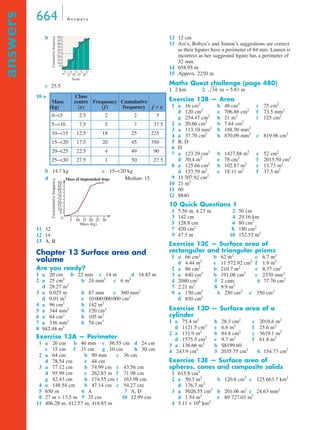 664 A n swe r s 
answers 
b 
50 
45 
40 
35 
30 
25 
20 
15 
10 
5 
Cumulative frequency 
c 25.5 
25.5 
45.5 
15.5 
35.5 
5.5 
Score 
b 14.7 kg c 15–20 kg 
d Median: 15 
Mass of impounded dogs 
50 
45 
40 
35 
30 
25 
20 
15 
10 
5 
11 32 
12 14 
13 A, B 
Chapter 13 Surface area and 
volume 
Are you ready? 
1 a 20 cm b 22 mm c 14 m d 18.85 m 
2 a 25 cm2 b 24 mm2 c 6 m2 
d 28.27 m2 
3 a 0.025 m b 87 mm c 360 mm2 
d 0.01 m2 e 10 000 000 000 cm2 
4 a 96 cm2 b 142 m2 
5 a 344 mm2 b 120 cm2 
6 a 64 cm3 b 105 m3 
7 a 336 mm3 b 54 cm3 
8 942.48 m3 
Exercise 13A — Perimeter 
1 a 26 cm b 40 mm c 56.55 cm d 24 cm 
e 15 cm f 31 cm g 10 cm h 30 cm 
2 a 64 cm b 90 mm c 36 cm 
d 78.54 cm e 44 cm 
3 a 77.12 cm b 74.99 cm c 43.56 cm 
d 95.99 cm e 262.83 m f 71.98 cm 
g 42.43 cm h 174.55 cm i 163.98 cm 
4 a 148.54 cm b 47.14 cm c 54.27 cm 
5 650 m 6 A 7 A, D 
8 27 m × 13.5 m 9 35 cm 10 12.99 cm 
11 406.28 m, 412.57 m, 418.85 m 
12 12 cm 
13 Azi’s, Robyn’s and Simon’s suggestions are correct 
as their figures have a perimeter of 64 mm. Lauren is 
incorrect as her suggested figure has a perimeter of 
32 mm. 
14 658.95 m 
15 Approx. 2250 m 
Maths Quest challenge (page 480) 
1 2 km 2 m ≈ 5.83 m 
Exercise 13B — Area 
1 a 16 cm2 b 48 cm2 c 75 cm2 
d 120 cm2 e 706.86 cm2 f 73.5 mm2 
g 254.47 cm2 h 21 m2 i 125 cm2 
2 a 20.66 cm2 b 7.64 cm2 
3 a 113.10 mm2 b 188.50 mm2 
4 a 37.70 cm2 b 870.09 mm2 c 819.96 cm2 
5 B, D 
6 D 
7 a 123.29 cm2 b 1427.88 m2 c 52 cm2 
d 30.4 m2 e 78 cm2 f 2015.50 cm2 
8 a 125.66 cm2 b 102.87 m2 c 13.73 m2 
d 153.59 m2 e 18.11 m2 f 37.5 m2 
9 11 707.92 cm2 
10 21 m2 
11 60 
12 $840 
10 Quick Questions 1 
1 5.56 m, 4.23 m 2 50 cm 
3 142 cm 4 29.16 km 
5 128.8 cm 6 80 cm2 
7 420 cm2 8 180 cm2 
9 47.5 m 10 152.52 m2 
Exercise 13C — Surface area of 
rectangular and triangular prisms 
1 a 66 cm2 b 62 m2 c 6.7 m2 
d 4.44 m2 e 11 572.92 cm2 f 1.9 m2 
2 a 86 cm2 b 210.7 m2 c 8.37 cm2 
3 a 840 cm2 b 191.08 cm2 c 2370 mm2 
4 2080 cm2 5 2 cans 6 77.76 cm2 
7 2.21 m2 8 9.9 m2 
9 a 150 cm2 b 250 cm2 c 350 cm2 
d 850 cm2 
Exercise 13D — Surface area of a 
cylinder 
1 a 75.4 m2 b 28.3 cm2 c 2010.6 m2 
d 1121.5 cm2 e 6.6 m2 f 25.6 m2 
2 a 131.9 m2 b 84.8 cm2 c 3619.1 m2 
d 1575.5 cm2 e 9.7 m2 f 61.8 m2 
3 a 136.66 m2 b $8199.60 
4 243.9 cm2 5 2035.75 cm2 6 154.73 cm2 
Exercise 13E — Surface area of 
spheres, cones and composite solids 
1 615.8 cm2 
2 a 50.3 m2 b 120.8 cm2 c 125 663.7 km2 
d 176.7 m2 
3 a 5026.55 cm2 b 201.06 m2 c 24.63 mm2 
d 1.54 m2 e 89 727.03 m2 
4 5.11 × 108 km2 
10 a 
Mass 
(kg) 
Class 
centre 
(x) 
Frequency 
(f) 
Cumulative 
frequency f × x 
0–5 2.5 2 2 5 
5–10 7.5 5 7 37.5 
10–15 12.5 18 25 225 
15–20 17.5 20 45 350 
20–25 22.5 4 49 90 
25–30 27.5 1 50 27.5 
Mass (kg) 
Cummulative frequency 
0 
5 10 15 20 25 30 
34 
 