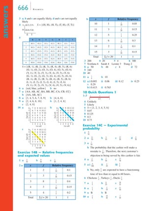 666 A n swe r s 
answers 
3 a, b and c are equally likely, d and e are not equally 
likely 
4 S = {(H, H), (H, T), (T, H), (T, T)} 
5 
T (H,T) (T,T) 
H T 
S = {(R, 1), (R, 2), (R, 3), (R, 4), (R, 5), (R, 6) 
(O, 1), (O, 2), (O, 3), (O, 4), (O, 5), (O, 6) 
(Y, 1), (Y, 2), (Y, 3), (Y, 4), (Y, 5), (Y, 6) 
(G, 1), (G, 2), (G, 3), (G, 4), (G, 5), (G, 6) 
(B, 1), (B, 2), (B, 3), (B, 4), (B, 5), (B, 6) 
(I, 1), (I, 2), (I, 3), (I, 4), (I, 5), (I, 6) 
(V, 1), (V, 2), (V, 3), (V, 4), (V, 5), (V, 6)} 
6 a {red, blue, yellow} b no 
7 a {AA, AB, AC, BA, BB, BC, CA, CB, CC} 
b {AA, AB, AC} 
8 a {3, 4, 5, 6, 7, 8, 9} b {4, 6, 8} 
9 a {2, 4, 6, 8, 10} b {1, 2, 4, 8} 
c {2, 4, 8} 
10 a b 
c 
6 
5 
4 
3 
2 
7 8 9 101112 
6 7 8 9 10 11 
5 6 7 8 9 10 
4 5 6 7 8 9 
3 4 5 6 7 8 
6 
5 
4 
3 
2 
7 8 9 101112 
6 7 8 9 10 11 
5 6 7 8 9 10 
4 5 6 7 8 9 
3 4 5 6 7 8 
6 
5 
4 
3 
2 
7 8 9 101112 
6 7 8 9 10 11 
5 6 7 8 9 10 
4 5 6 7 8 9 
3 4 5 6 7 8 
Exercise 14B — Relative frequencies 
and expected values 
1 a b c 
1 
20 
3 200 4 20 5 4 6 300 
7 Svetlana 6 Sarah 4 Leonie 3 Trang 2 
8 a 50 b 48 c 4 d 72 
9 240 
10 40 
11 a b 10 
12 a i 0.095 ii 0.06 iii 0.12 iv 0.25 
v 0.29 
b i 0.415 ii 0.765 
10 Quick Questions 1 
1–3 
2 3 1 
4 Unlikely 
5 Likely 
6 S = {1, 2, 3, 4, 5, 6} 
7 0.07 
8 0.125 
9 0.3 
10 0.73 
Exercise 14C — Experimental 
probability 
1 
2 a b ----- c 17 
d 
3 a 
----- 3 
----- 
b The probability that the cashier will make a 
mistake is . Therefore, the next customer’s 
objection to being served by this cashier is fair. 
----- 37 
4 a b c 
5 a i ii iii 
----- 
----- 3 
-- 
b No, only are expected to have a functioning 
time of less than or equal to 60 hours. 
-- 1 
-- 1 
6 Chickens , Turkeys , Ducks 
7 a b c 
8 a b c 
9 a B b B 
10 a b c 
----- 1 
----- 9 
----- 
2 a x f Relative frequency 
1 2 0.1 
2 3 0.15 
3 8 0.4 
4 3 0.15 
5 4 0.2 
Total Σ f = 20 1 1 
H 
(H,H) (T,H) 
R O Y G B I V 
1 (R,1) (O,1) (Y,1) (G,1) (B,1) (I,1) (V,1) 
2 (R,2) (O,2) (Y,2) (G,2) (B,2) (I,2) (V,2) 
3 (R,3) (O,3) (Y,3) (G,3) (B,3) (I,3) (V,3) 
4 (R,4) (O,4) (Y,4) (G,4) (B,4) (I,4) (V,4) 
5 (R,5) (O,5) (Y,5) (G,5) (B,5) (I,5) (V,5) 
6 (R,6) (O,6) (Y,6) (G,6) (B,6) (I,6) (V,6) 
1 2 3 4 5 6 
1 
2 3 4 5 6 7 
1st roll 
2nd roll 
1 2 3 4 5 6 
1 
2 3 4 5 6 7 
1st roll 
2nd roll 
1 2 3 4 5 6 
1 
2 3 4 5 6 7 
1st roll 
2nd roll 
3 
10 
20 
20 
1 
10 
----- 
3 
20 
----- 
2 
5 
-- 
3 
20 
----- 
1 
5 
-- 
b x f Relative frequency 
10 1 ----- 
0.05 
11 3 ----- 
3 
0.15 
20 
12 5 1 
-- 
0.25 
4 
13 6 ----- 
3 
0.3 
10 
14 2 ----- 
1 
0.1 
10 
15 3 ----- 
3 
0.15 
20 
Total Σ f = 20 1 1 
1 
4 
-- 
0 0.5 1 
9 
16 
----- 
11 
20 
----- 3 
10 
20 
20 
7 
10 
----- 
7 
10 
----- 
2 
13 
----- 7 
39 
78 
9 
100 
-------- 1 
25 
5 
2 
5 
-- 
1 
2 
4 
-- 
4 
----- 18 
-- 6 
1 
5 
25 
----- 
25 
----- 11 
-- 2 
1 
3 
15 
----- 
30 
----- 7 
-- 18 
2 
5 
25 
----- 
25 
 