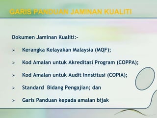 GARIS PANDUAN JAMINAN KUALITI 
Dokumen Jaminan Kualiti:- 
 Kerangka Kelayakan Malaysia (MQF); 
 Kod Amalan untuk Akreditasi Program (COPPA); 
 Kod Amalan untuk Audit Innstitusi (COPIA); 
 Standard Bidang Pengajian; dan 
 Garis Panduan kepada amalan bijak 
 