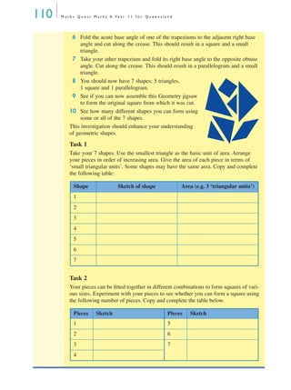 110 M a t h s Q u e s t M a t h s A Ye a r 1 1 f o r Q u e e n s l a n d
6 Fold the acute base angle of one of the trapeziums to the adjacent right base
angle and cut along the crease. This should result in a square and a small
triangle.
7 Take your other trapezium and fold its right base angle to the opposite obtuse
angle. Cut along the crease. This should result in a parallelogram and a small
triangle.
8 You should now have 7 shapes: 5 triangles,
1 square and 1 parallelogram.
9 See if you can now assemble this Geometry jigsaw
to form the original square from which it was cut.
10 See how many different shapes you can form using
some or all of the 7 shapes.
This investigation should enhance your understanding
of geometric shapes.
Task 1
Take your 7 shapes. Use the smallest triangle as the basic unit of area. Arrange
your pieces in order of increasing area. Give the area of each piece in terms of
‘small triangular units’. Some shapes may have the same area. Copy and complete
the following table:
Task 2
Your pieces can be ﬁtted together in different combinations to form squares of vari-
ous sizes. Experiment with your pieces to see whether you can form a square using
the following number of pieces. Copy and complete the table below.
Shape Sketch of shape Area (e.g. 3 ‘triangular units’)
1
2
3
4
5
6
7
Pieces Sketch Pieces Sketch
1 5
2 6
3 7
4
MQ Maths A Yr 11 - 04 Page 110 Wednesday, July 4, 2001 4:11 PM
 