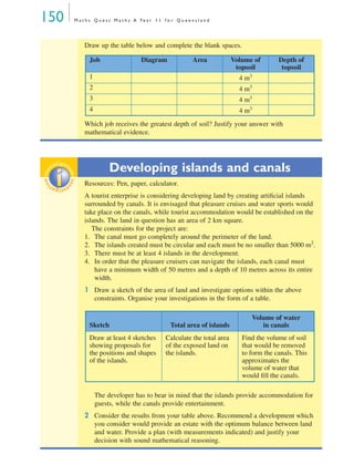 150 M a t h s Q u e s t M a t h s A Ye a r 1 1 f o r Q u e e n s l a n d
Draw up the table below and complete the blank spaces.
Which job receives the greatest depth of soil? Justify your answer with
mathematical evidence.
Developing islands and canals
Resources: Pen, paper, calculator.
A tourist enterprise is considering developing land by creating artiﬁcial islands
surrounded by canals. It is envisaged that pleasure cruises and water sports would
take place on the canals, while tourist accommodation would be established on the
islands. The land in question has an area of 2 km square.
The constraints for the project are:
1. The canal must go completely around the perimeter of the land.
2. The islands created must be circular and each must be no smaller than 5000 m2
.
3. There must be at least 4 islands in the development.
4. In order that the pleasure cruisers can navigate the islands, each canal must
have a minimum width of 50 metres and a depth of 10 metres across its entire
width.
1 Draw a sketch of the area of land and investigate options within the above
constraints. Organise your investigations in the form of a table.
The developer has to bear in mind that the islands provide accommodation for
guests, while the canals provide entertainment.
2 Consider the results from your table above. Recommend a development which
you consider would provide an estate with the optimum balance between land
and water. Provide a plan (with measurements indicated) and justify your
decision with sound mathematical reasoning.
Job Diagram Area Volume of
topsoil
Depth of
topsoil
1 4 m3
2 4 m3
3 4 m3
4 4 m3
inv
estigat
ioninv
estigat
ion
Sketch Total area of islands
Volume of water
in canals
Draw at least 4 sketches
showing proposals for
the positions and shapes
of the islands.
Calculate the total area
of the exposed land on
the islands.
Find the volume of soil
that would be removed
to form the canals. This
approximates the
volume of water that
would ﬁll the canals.
MQ Maths A Yr 11 - 04 Page 150 Wednesday, July 4, 2001 4:14 PM
 