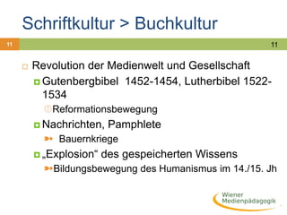 Neue Medien werden zum Kulturgut14Phasen der Entwicklung:Medium als NovitätMedium als AngstmediumMedium als AlltagsmediumMedium als KulturgutProkop Dieter (2001) Der Kampf um die Medien. Das Geschichtsbuch der kritischen Medienforschung