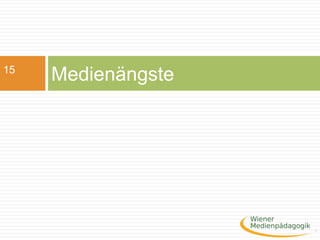Pädagogisch Reaktionen1. Stadium der Irritation und AblehnungAngst, Aversion, Entrüstungkulturkritischer Pessimismusmedienvermittelte Scheinwelt der Verfall geistiger und kultureller Werte die kindliche Phantasie überreizende und aggressionsauslösende Medienwirkung 22Merkert, Rainald (1992) Medien und Erziehung. Einführung in pädagogische Fragen des Medienzeitalters nach Schrammel, Sabrina (2ßß7) Play based learning Die Aktivität des Computerspielens als Lernanlass 