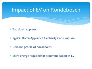 Impact of EV on Rondebosch


Top down approach

Typical Home Appliance Electricity Consumption

Demand profile of households

Extra energy required for accommodation of EV
 